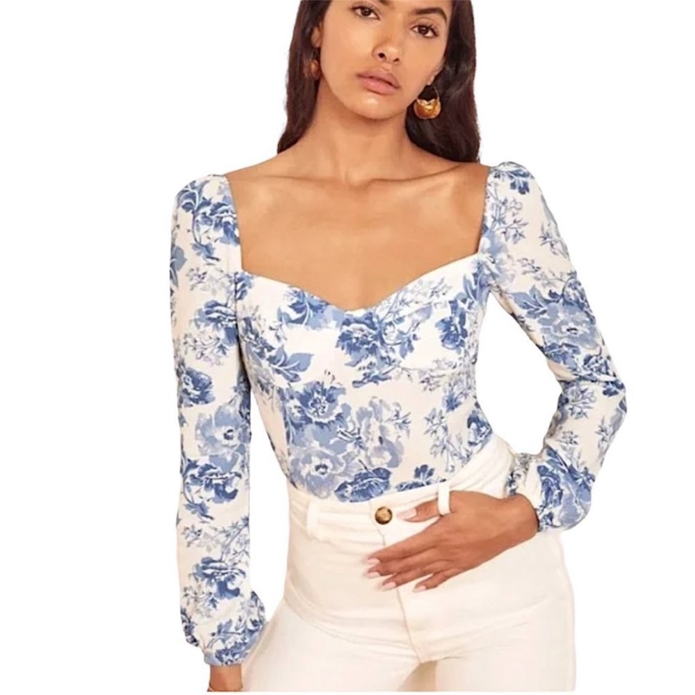 Reformation Blue Floral Long-Sleeve Crop Top